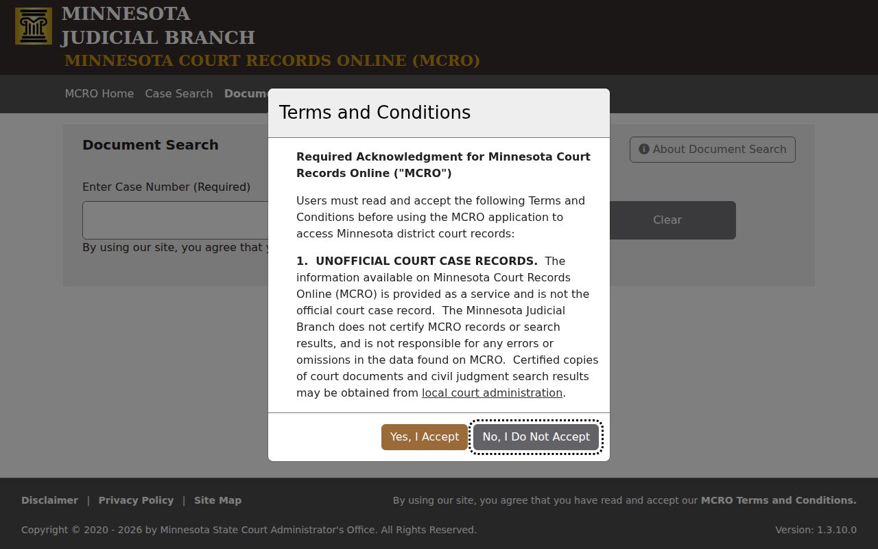 Olmsted County case search document lookup using a case number