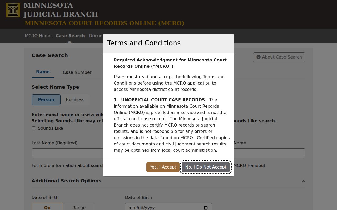 Olmsted County case search MCRO acceptance screen for public case lookup