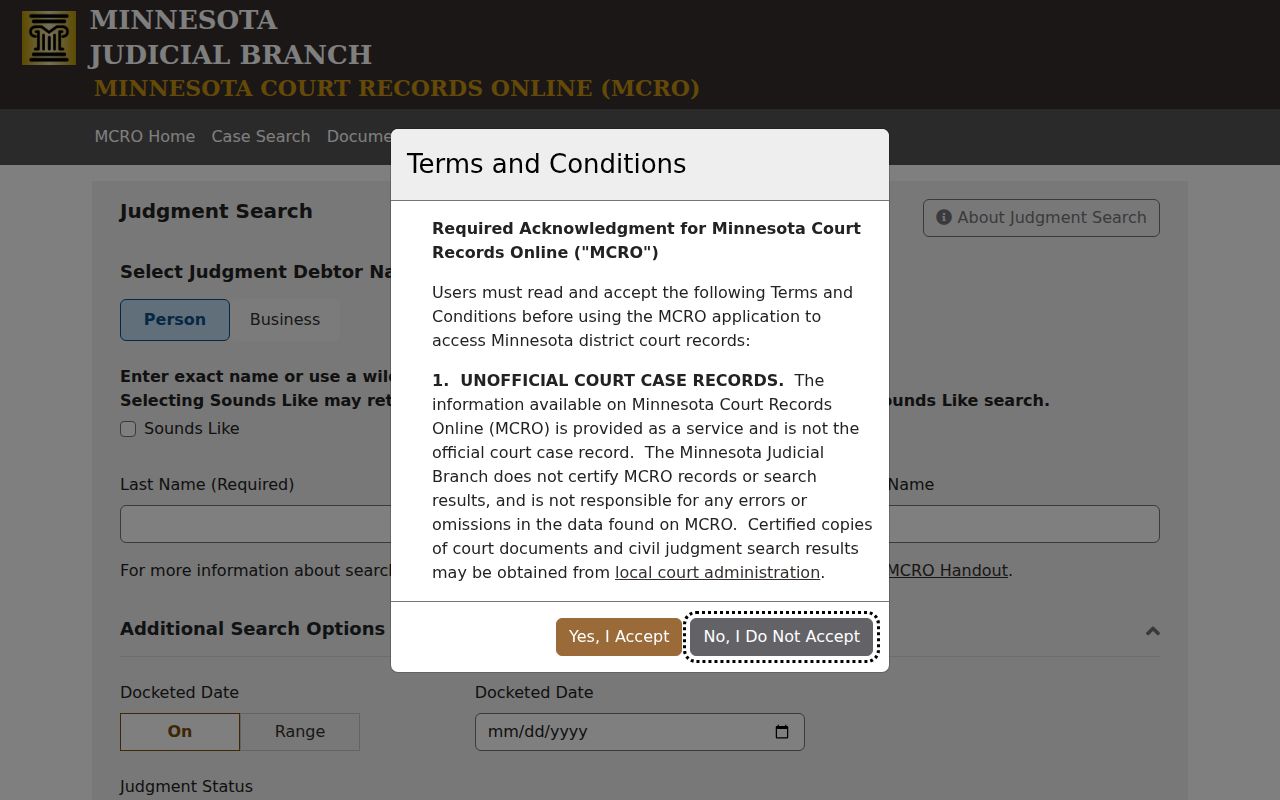 Olmsted County civil docket record source showing judgment debtor, docketed date, and status search fields