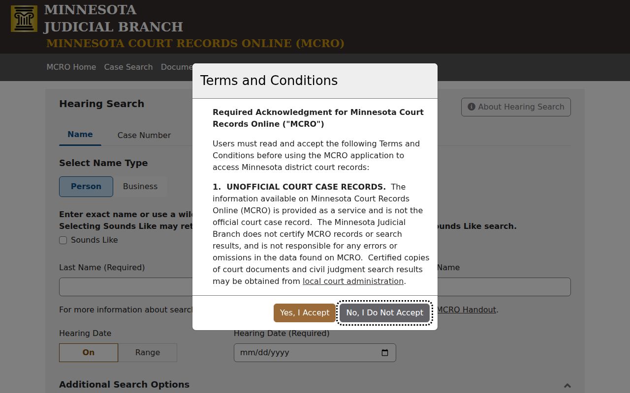 Olmsted County court calendar hearing search with name, case, officer, and attorney tabs