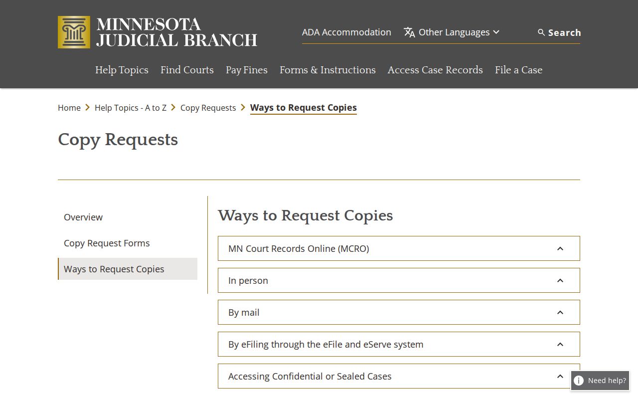 Olmsted County court records copy channels for online, counter, mail, and eFile requests