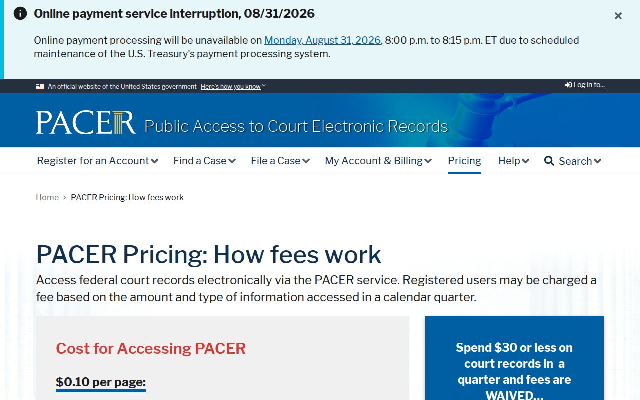 Olmsted County court records context for federal PACER document fees and public court record access